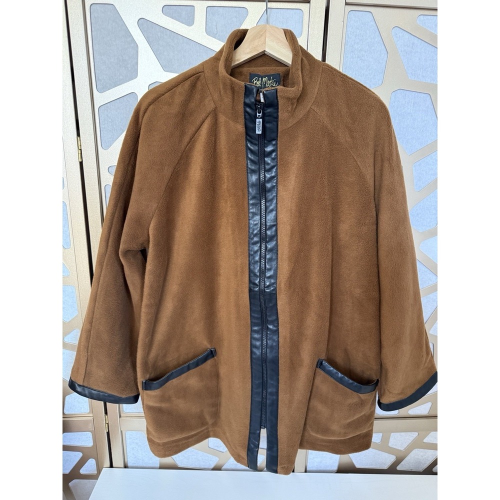 VTG Bob Mackie Wearable Art Fleece Jacket Women's Brown Black Trim Full Zip SZ L